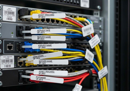 A close-up view of a server with colorful cables and labels