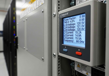 A close-up view of an industrial control panel with a digital display screen
