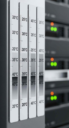 A close-up view of temperature gauges on a server with green and red lights