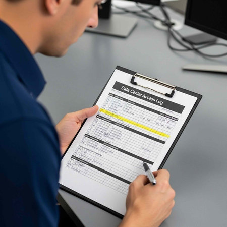 A man in a blue shirt reviews a data center access log on a clipboard
