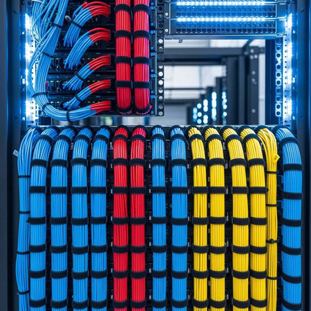 A neatly organized server room with colorful cables and modern technology infrastructure