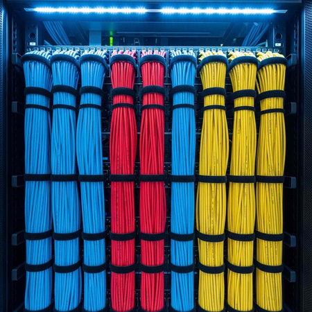 A neatly organized server rack with colorful cables and modern technology infrastructure