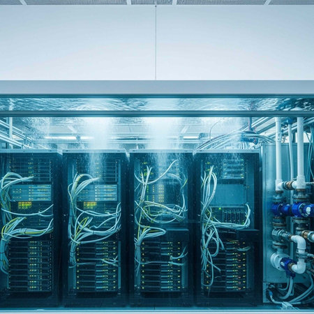 A modern data center with rows of computer servers and cables