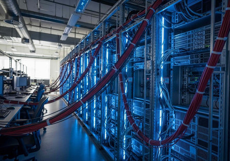 A large server room with rows of computer servers and red cables