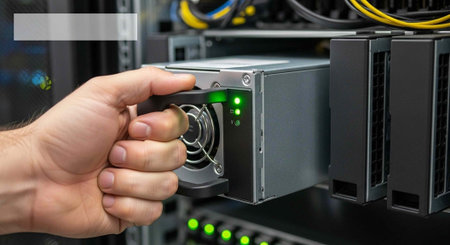 A hand adjusting a server component in a data center with green lights