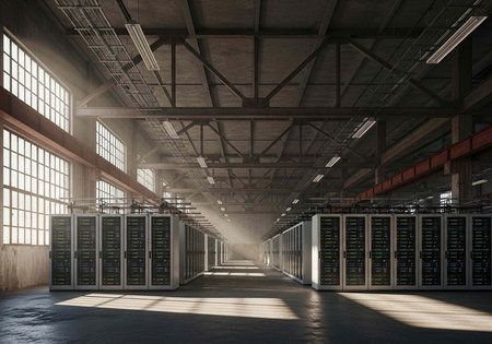 A large warehouse with rows of server racks and natural light shining through windows