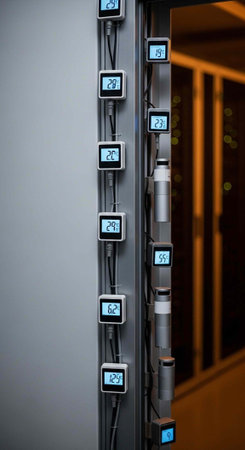 A close-up view of a modern electrical panel with digital displays and cables