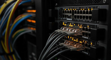 A close-up view of a server with cables and lights in a data center