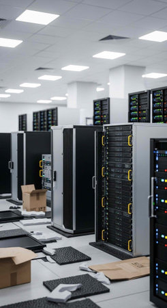 A large server room with rows of computer equipment and open boxes on the floor