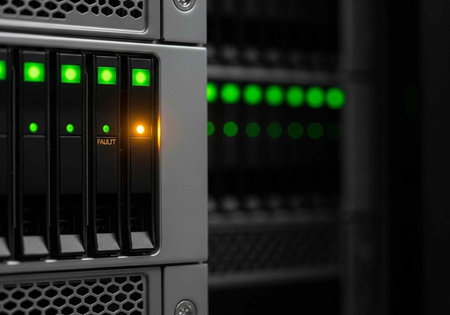 A close-up view of a server with a fault indicator light illuminated