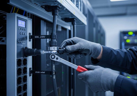 A person in gloves using a wrench on an electrical panel in a data center