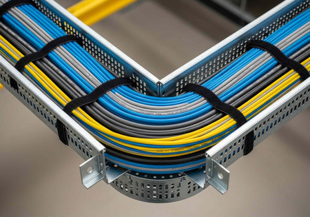 A neatly organized cable management system with colorful wires in a metal rack