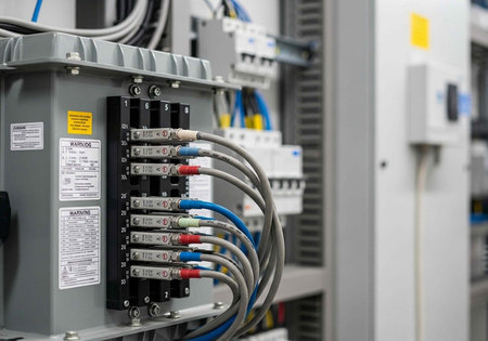 A close-up view of an electrical panel with multiple wires and circuit breakers