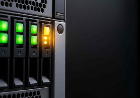 A close-up view of a server with green and yellow lights indicating status