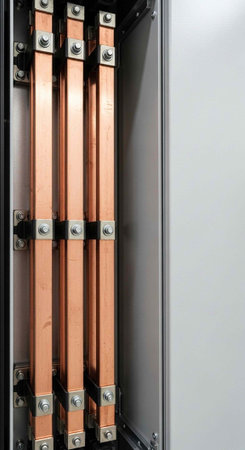 A close-up view of copper busbars in an electrical panel or enclosure