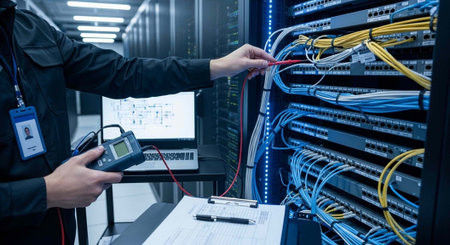 A technician in a data center working with network cables and equipment