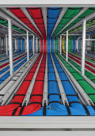 A vibrant and organized cable management system with colorful wires and metal racks