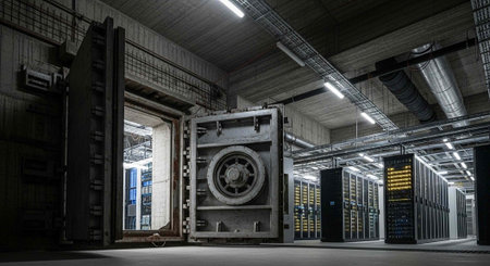 A large open safe in a dimly lit server room with rows of computer equipment