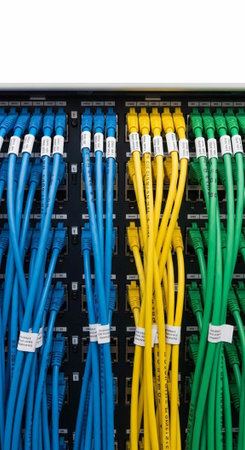 A neatly organized network server with colorful cables and wires in a data center