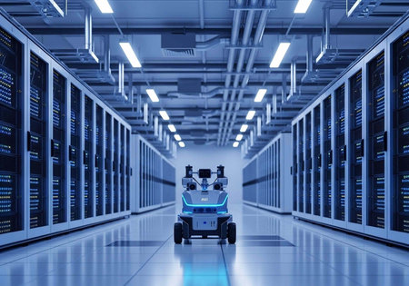 A futuristic robot navigates a vast, high-tech server room with rows of computer racks