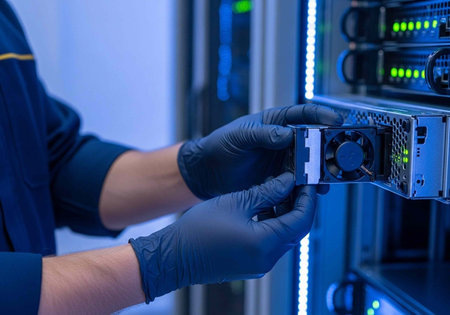 A person in a blue uniform installing a server in a data centerの写真素材