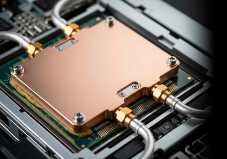 A close-up view of a computer's copper heat sink on a circuit board