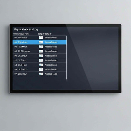 A digital screen displays a physical access log with employee badge information and access status