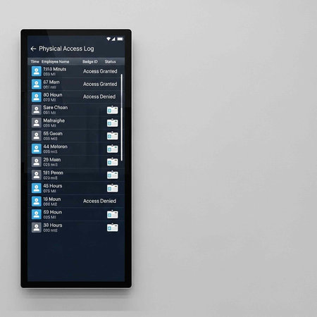 A smartphone displays a physical access log on its screen with a dark background