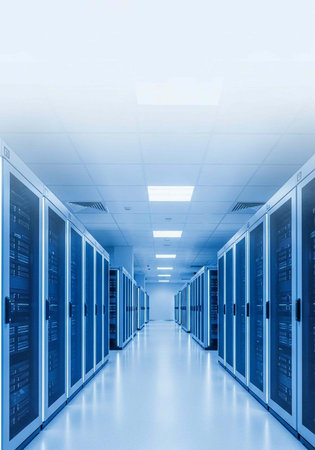 A long, blue-lit server room with rows of computer servers and white floor