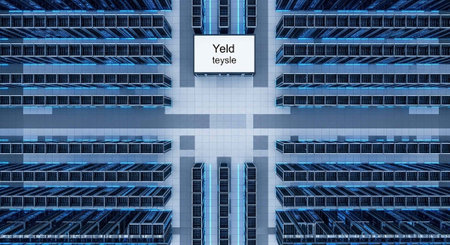 Aerial view of a modern cityscape with a prominent yield bicycle sign on a building