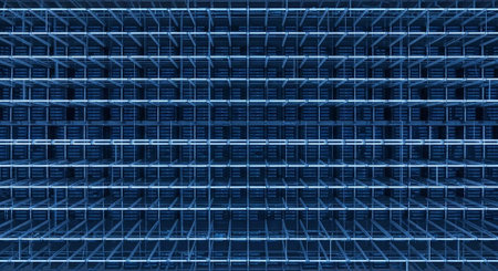 A close-up view of a large blue metal grid structure with many squaresの写真素材