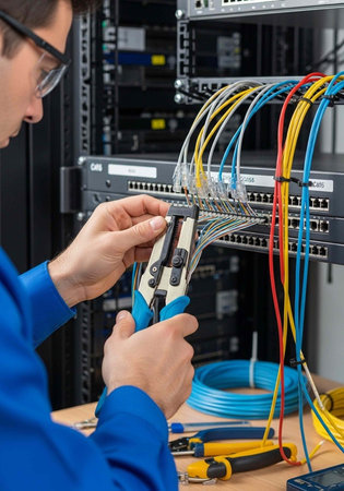 A man in a blue shirt working with network cables and tools in a data center