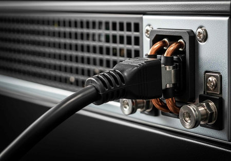 A close-up view of a power cord plugged into a metal electrical outlet