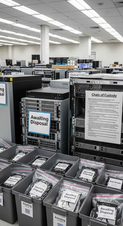 A large room filled with computer servers and electronic waste in labeled bins