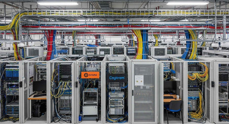A large data center with rows of server racks and colorful cablesの写真素材