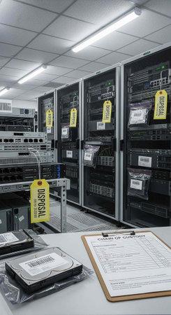 A data center with rows of server racks and computer hardware on a table
