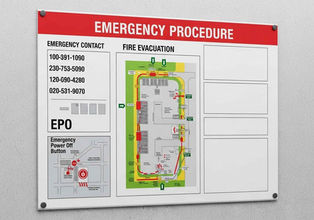 An emergency procedure sign with a fire evacuation map on a wallの写真素材