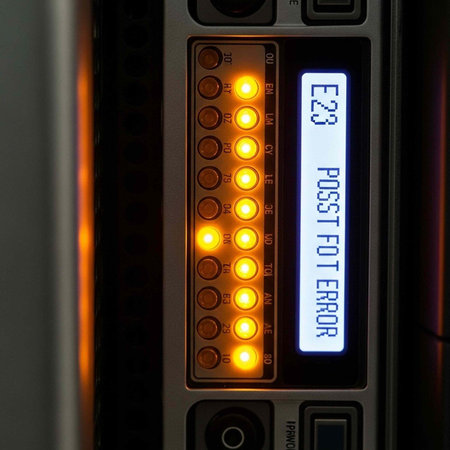 A close-up view of an electronic device with a glowing error screen