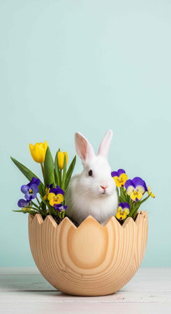 A white rabbit sitting in a wooden Easter egg with colorful flowersの写真素材