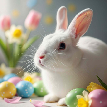 A white rabbit surrounded by colorful Easter eggs and flowers in a bright setting