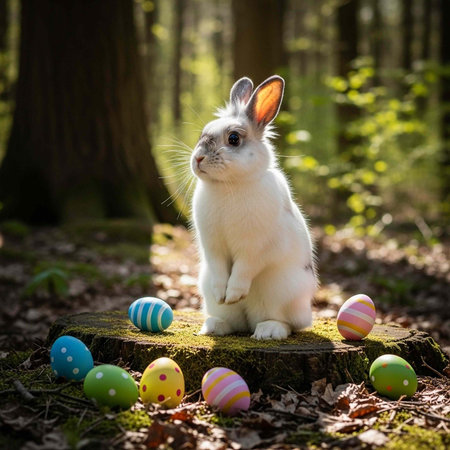 A white rabbit sitting on a mossy tree stump surrounded by colorful Easter eggs in a forest