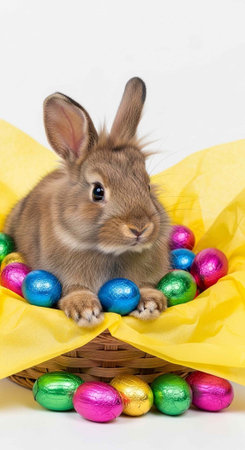 A cute brown rabbit sitting in a basket with colorful Easter eggs and yellow fabric