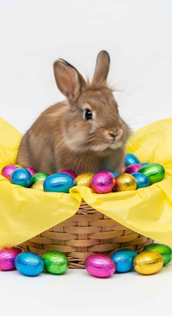 A brown rabbit sitting in a wicker basket filled with colorful Easter eggs.