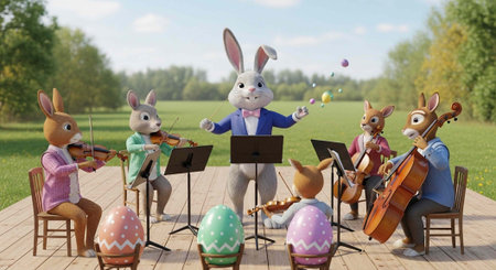 A group of cartoon bunnies playing musical instruments outdoors in a park on a sunny day
