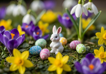A small white rabbit figurine surrounded by colorful Easter eggs and vibrant spring flowers in a...