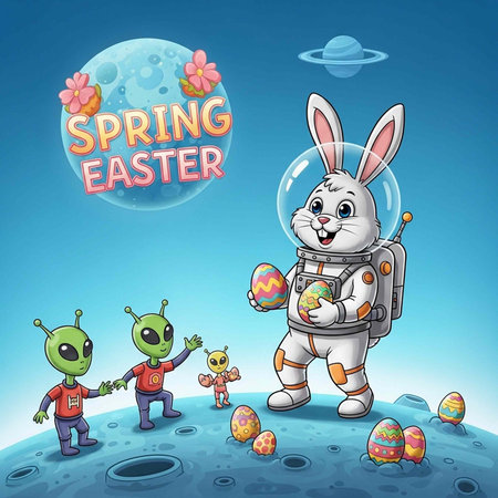 A cartoon Easter bunny in a spacesuit stands on the moon with aliens and eggs.の写真素材