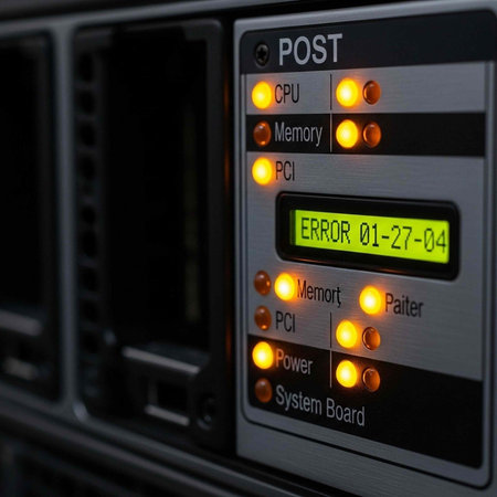 A close-up view of a computer's system board displaying an error message on its screen