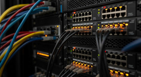 A close-up view of a server with colorful cables and glowing lights