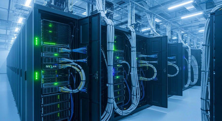 A large data center with rows of server racks and cables