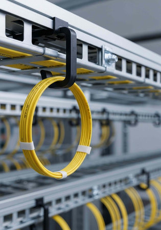 A neatly organized cable management system in a data center or server room